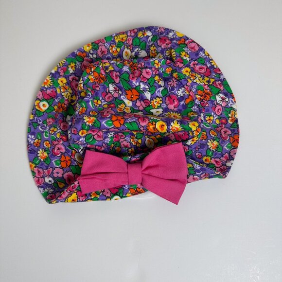 Vintage 90s Kahn Lucas Floral Print Bow Sun Hat Purple Pink Baby Girl 6m - Picture 1 of 4